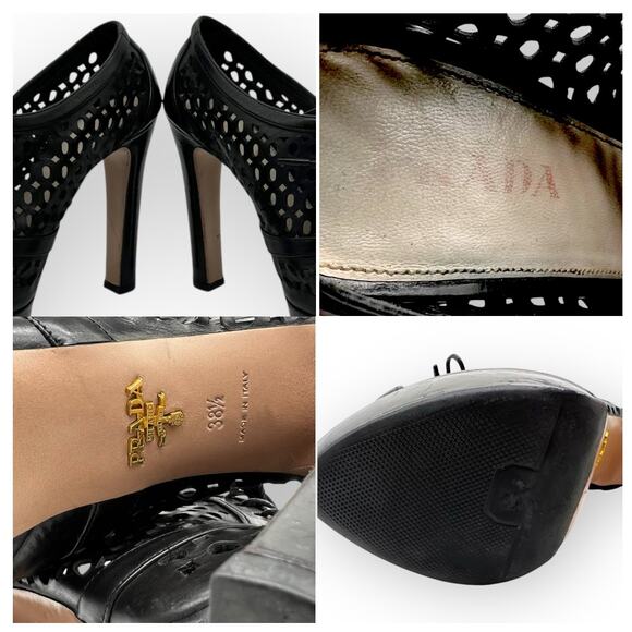 Prada Womens Heels Perforated Lace-Up Platform Black Leather Peep Toe - Picture 12 of 15
